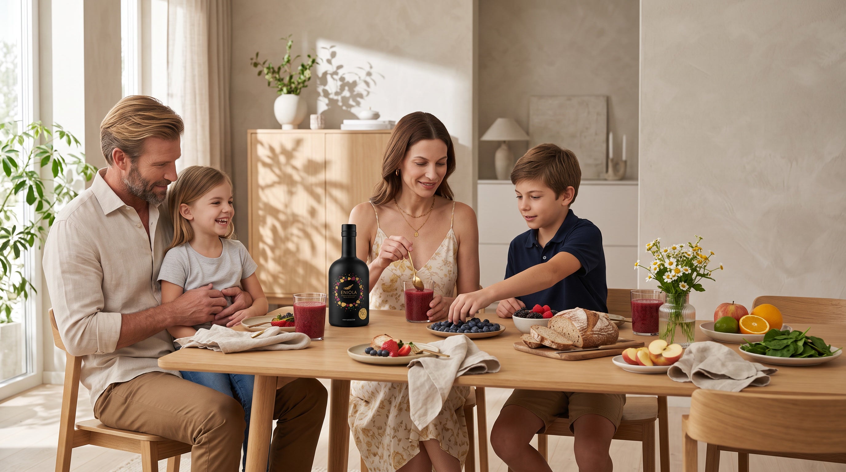 Familie am Frühstückstisch mit Eniola